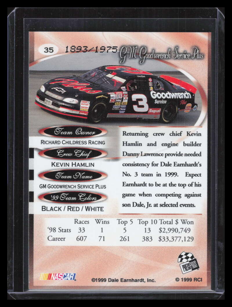 1999 Press Pass Premium Reflectors r35 Dale Earnhardt's Car 1893/1975