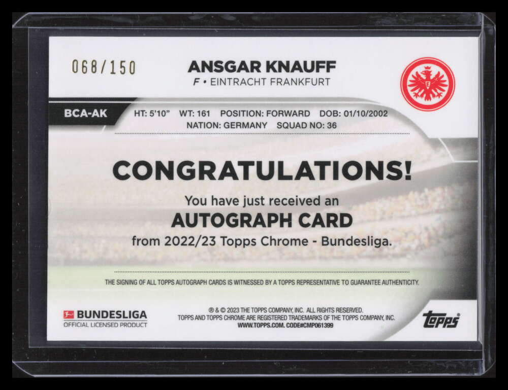 2022-23 Topps Chrome Autographs Magenta Refractor Ansgar Knauff Auto 68/150