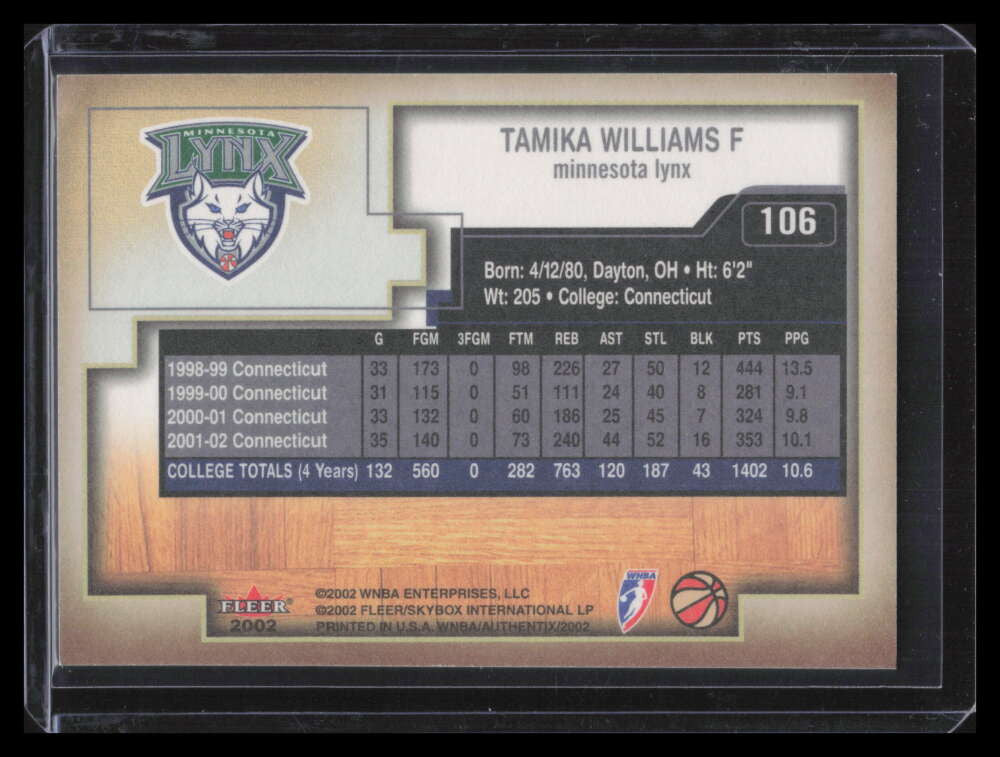 2002 Fleer Authentix WNBA 106 Tamika Williams Rookie 398/2002