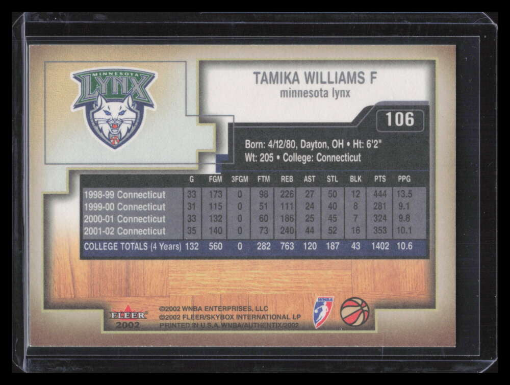 2002 Fleer Authentix WNBA 106 Tamika Williams Rookie 400/2002