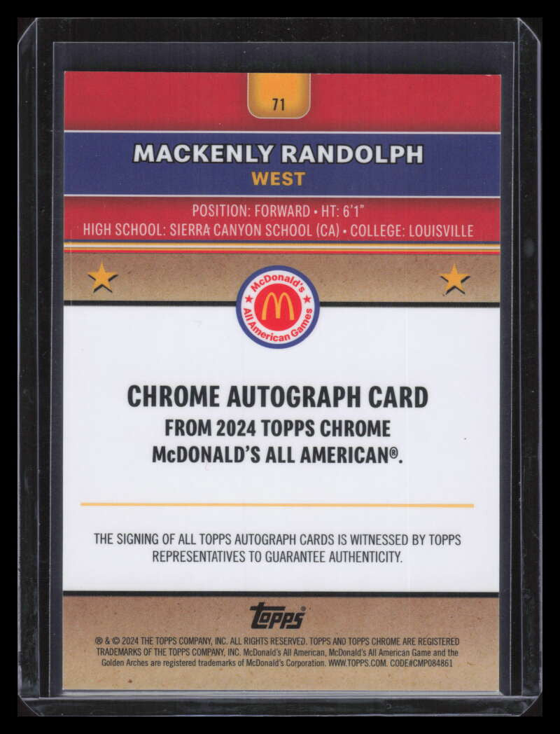 2024 Topps Chrome McDonald's Gold Refractor 71 Mackenly Randolph RC Auto 45/50