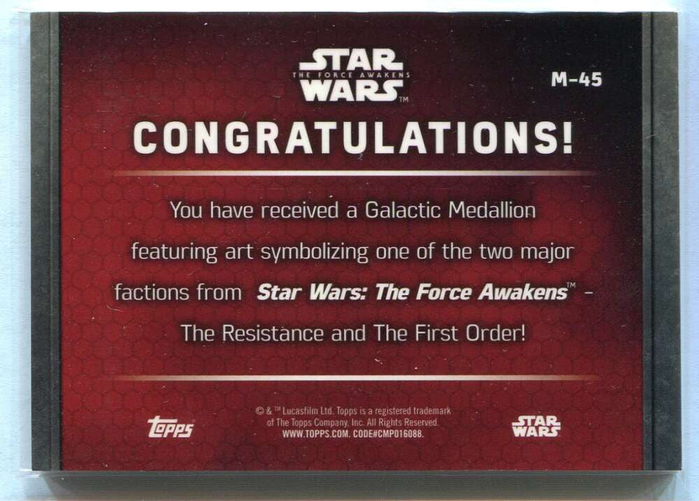 2015 Topps Star Wars The Force Awakens Gold m45 Stormtrooper Medallion 8/50