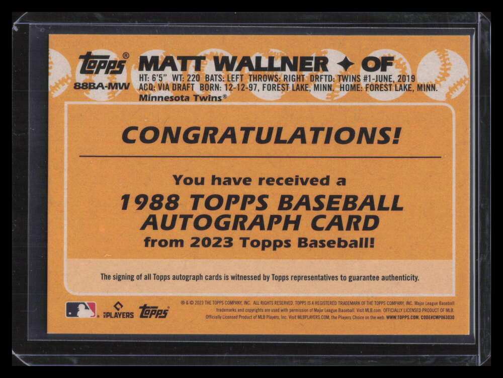 2023 Topps '88 Topps Autographs 88bamw Matt Wallner Rookie Auto