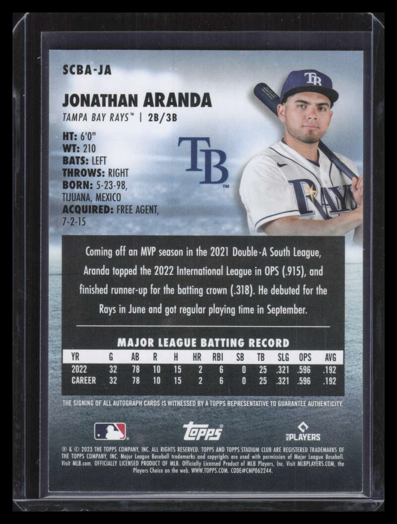 2023 Stadium Club Autographs SCBAJA Jonathan Aranda Rookie Auto