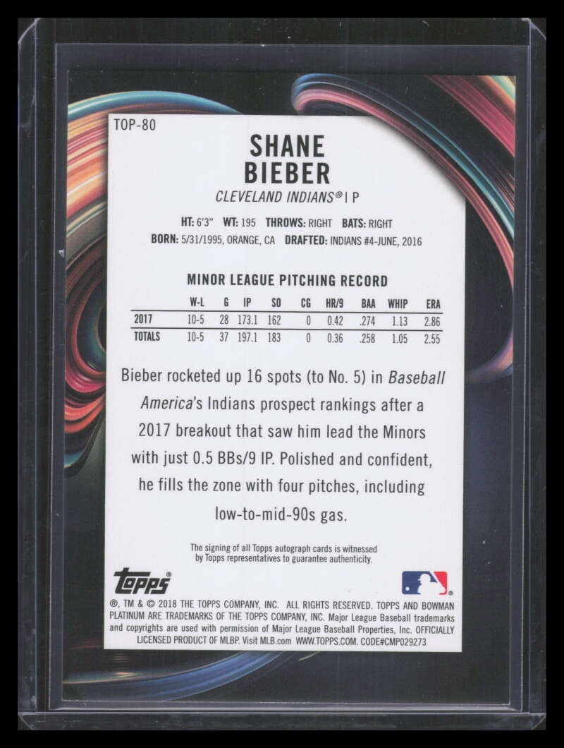 2018 Bowman Platinum Top Prospect Autographs top80 Shane Bieber Rookie Auto