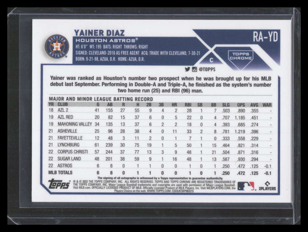2013 Topps Chrome Rookie Autographs RAYD Yainer Diaz Rookie Auto