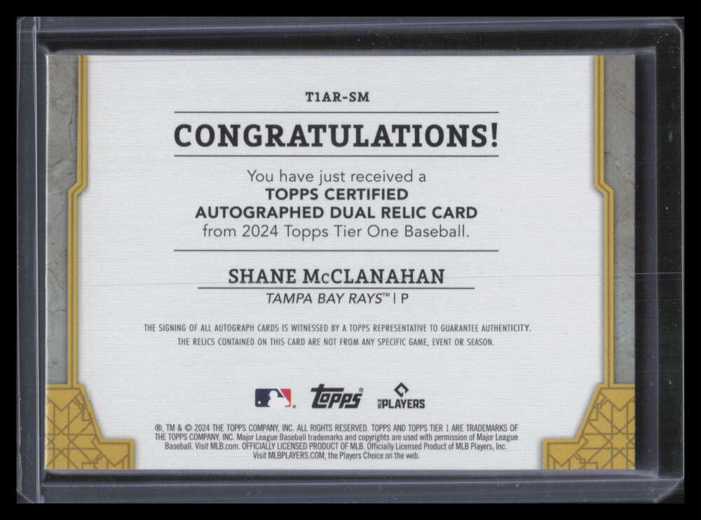DELETE 161749 2024 Topps Tier One Autograph Relics Shane McClanahan Dual Jersey Patch Auto /99