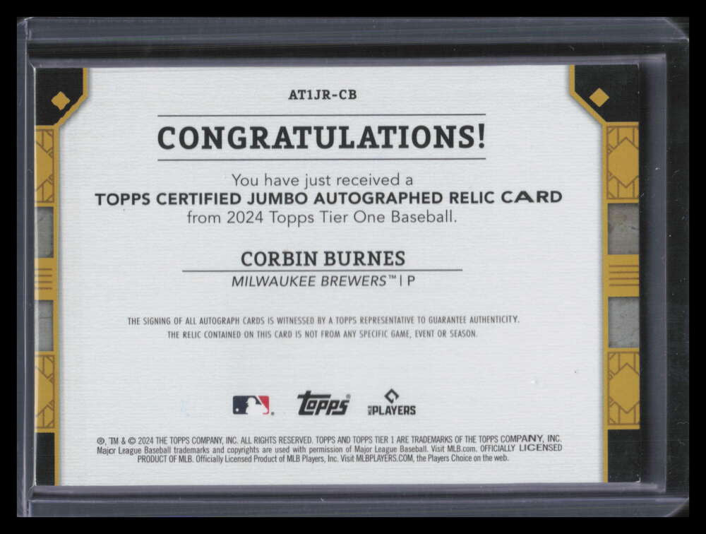2024 Topps Tier One Jumbo Relic Autographs Blue Corbin Burnes Jersey Auto 23/99