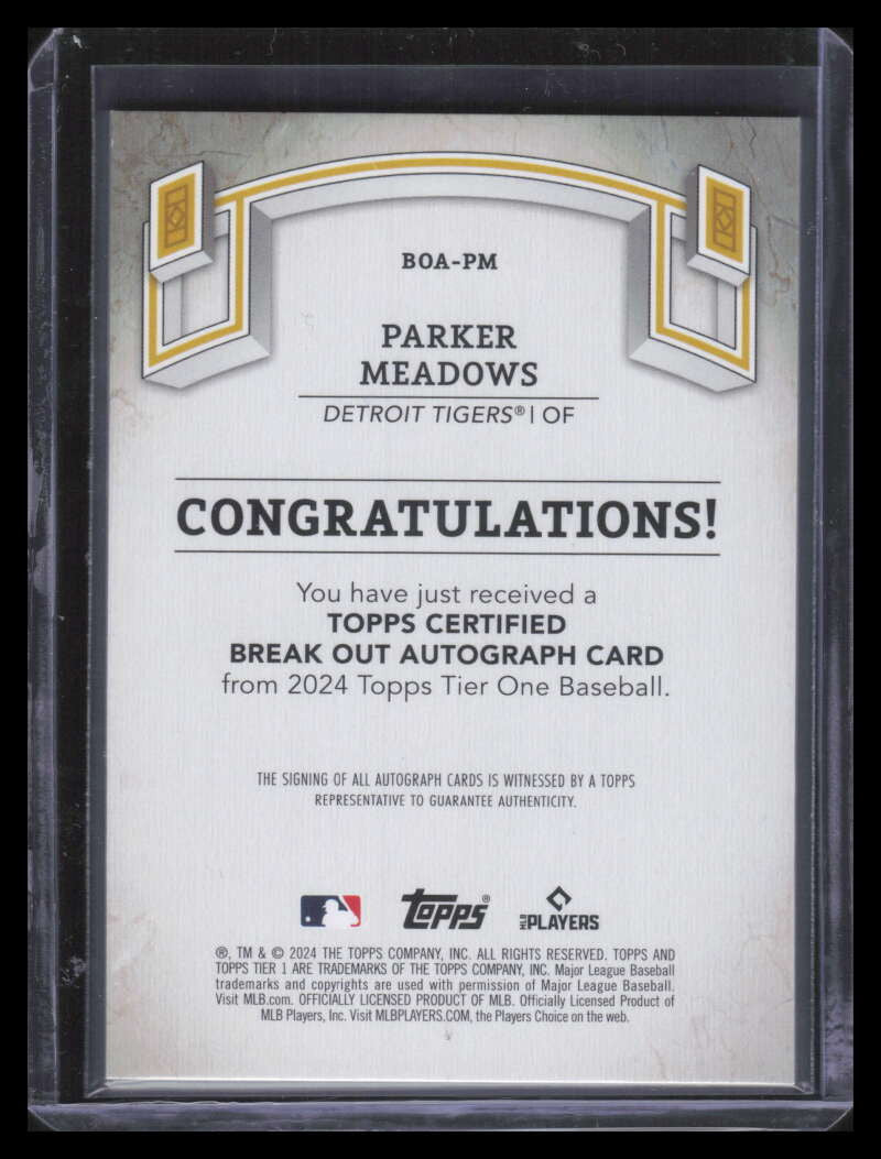 2024 Topps Tier One Break Out Autographs BOAPM Parker Meadows Rookie Auto 31/299