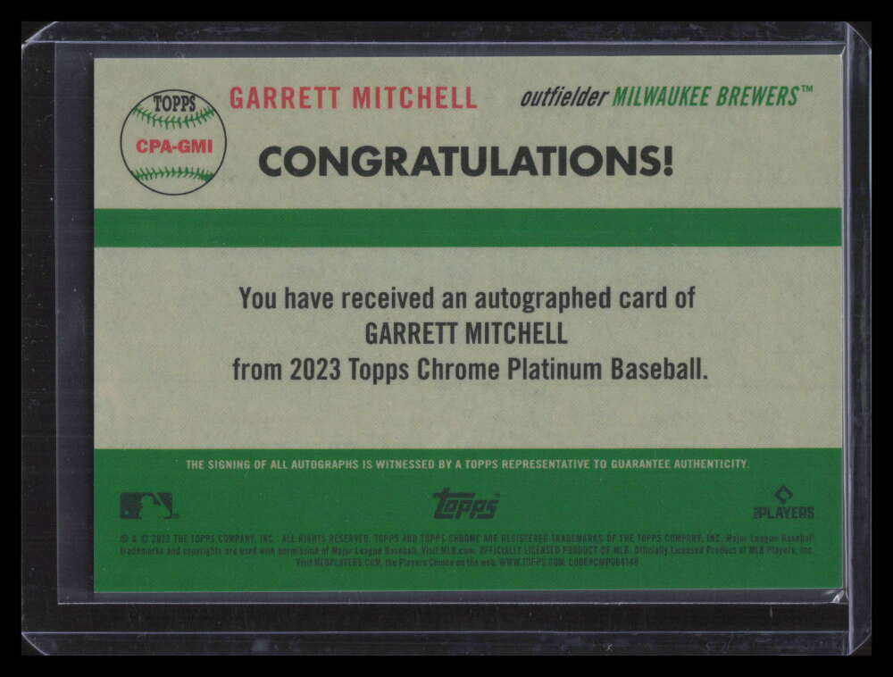 2023 Topps Chrome Platinum Autograph Aqua Refractor Garrett Mitchell RC Auto 150
