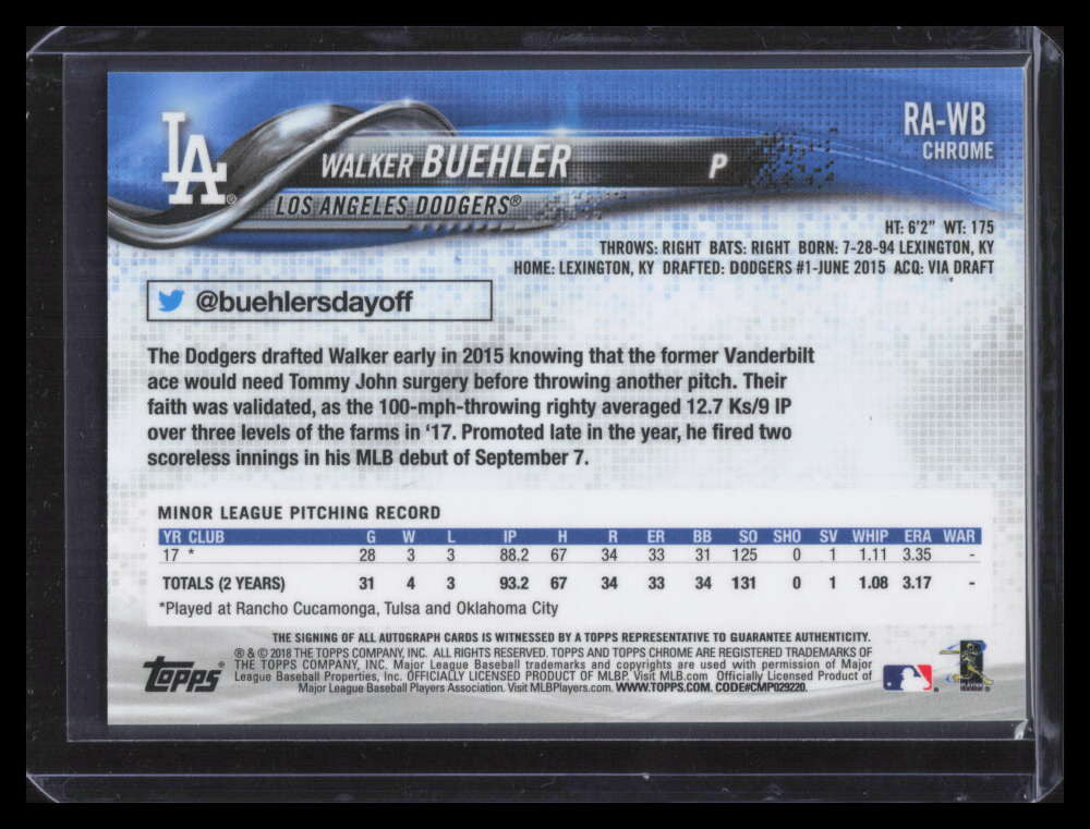 DELETE 161853 2018 Topps Chrome Rookie Autographs RAWB Walker Buehler Rookie Auto