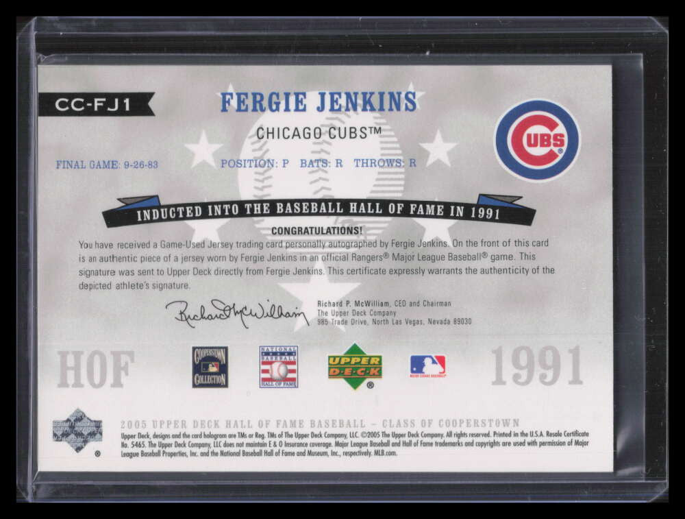 SOLD 161893 2005 UD Hall Fame Class of Cooperstown Autograph Fergie Jenkins Jersey Auto /15