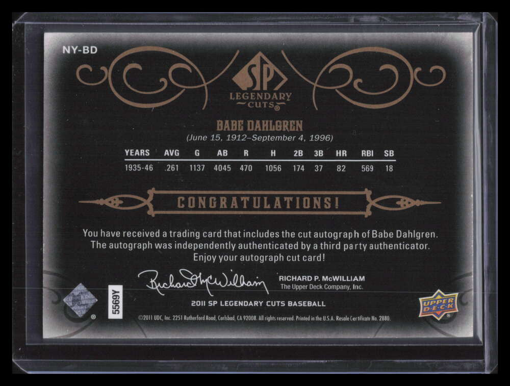 2011 SP Legendary Cuts Black Signatures NYBD Babe Dahlgren Cut Auto 22/33