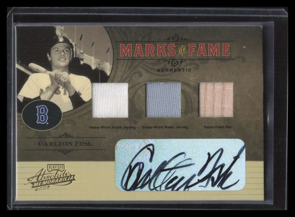 2005 Absolute Marks of Fame Autograph Carlton Fisk Triple Bat Jersey Auto 12/25