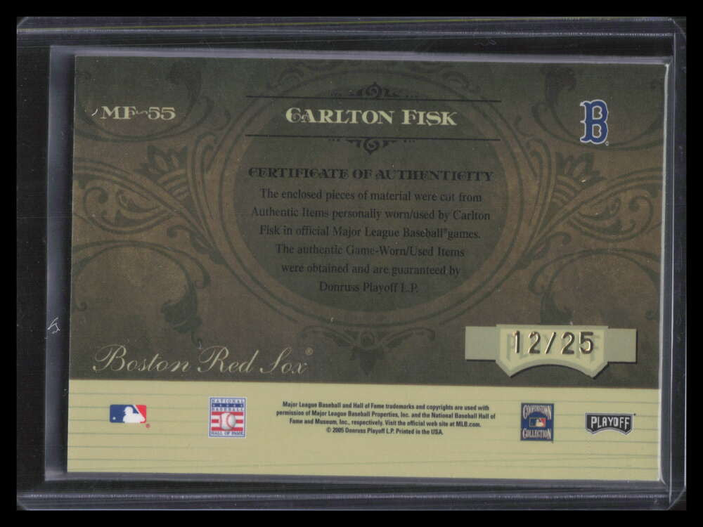 2005 Absolute Marks of Fame Autograph Carlton Fisk Triple Bat Jersey Auto 12/25
