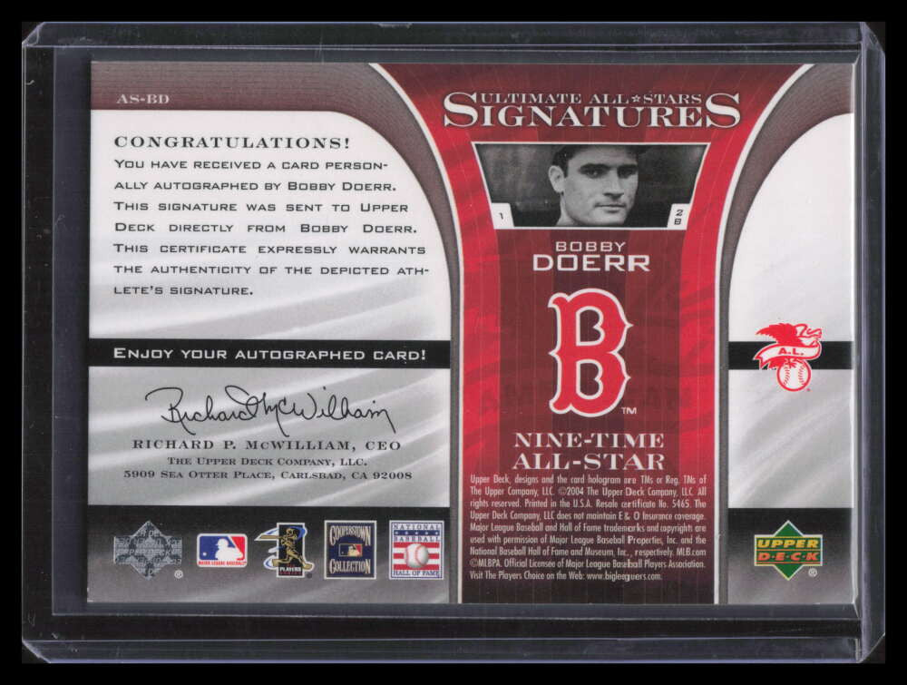 2004 Ultimate Collection All-Stars Signatures BD Bobby Doerr Auto 2/9