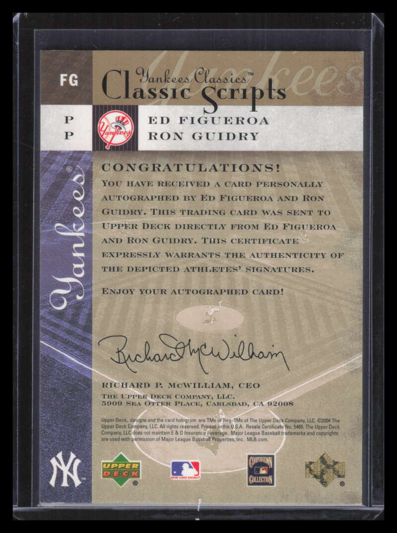 2004 UD Yankees Classics Scripts Dual FG Ed Figueroa Ron Guidry Dual Auto 39/100