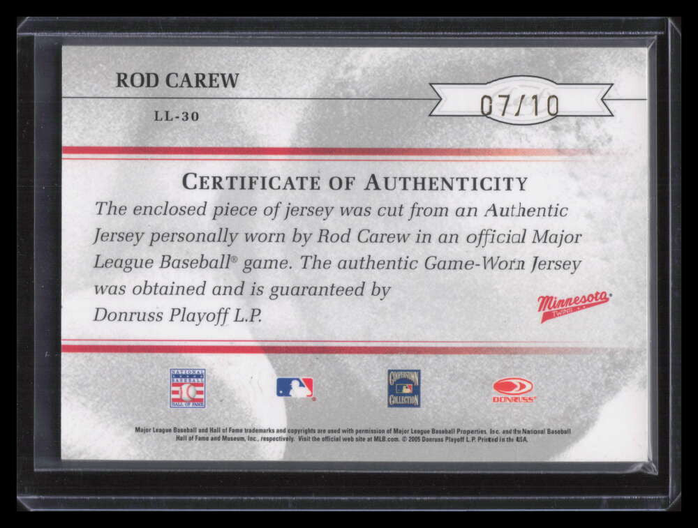 2005 Leaf Limited Legends Signature Jersey Number 30 Rod Carew Jersey Auto 7/10