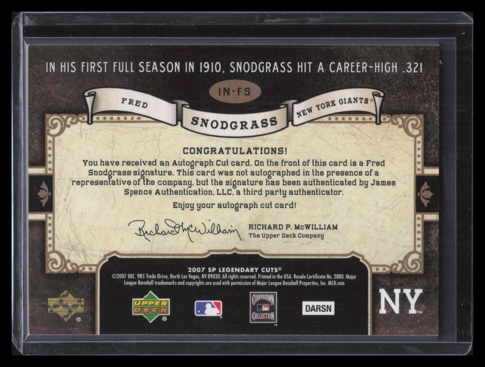 2007 SP Legendary Cuts Inside the Numbers Cuts FS Fred Snodgrass Cut Auto 74/75