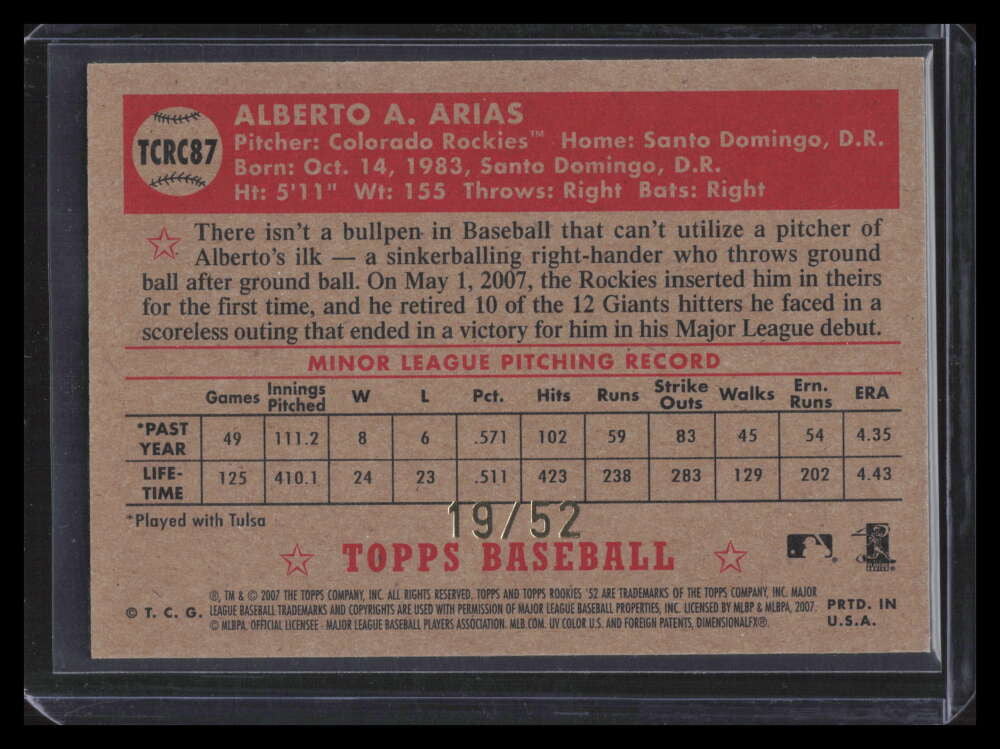 2007 Topps '52 Chrome Gold Refractor 87 Alberto Arias Rookie 19/52