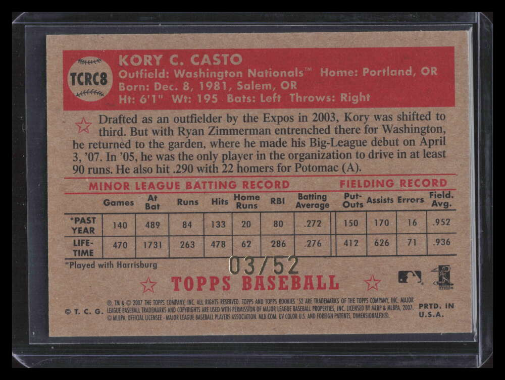 2007 Topps '52 Chrome Gold Refractor 8 Kory Casto Rookie 3/52