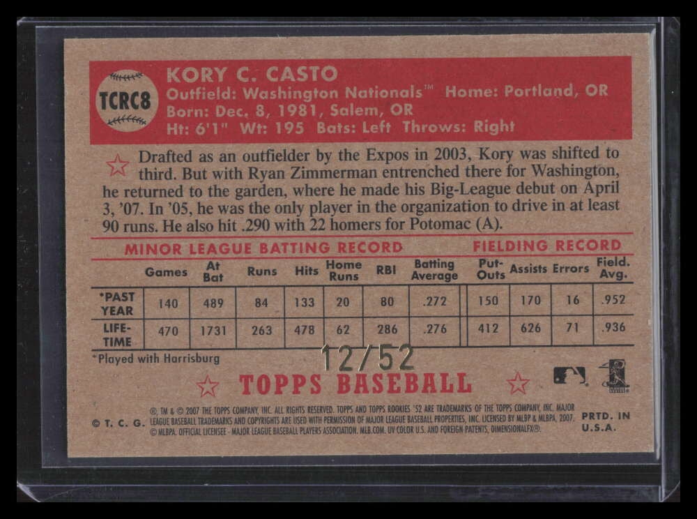 2007 Topps '52 Chrome Gold Refractor 8 Kory Casto Rookie 12/52