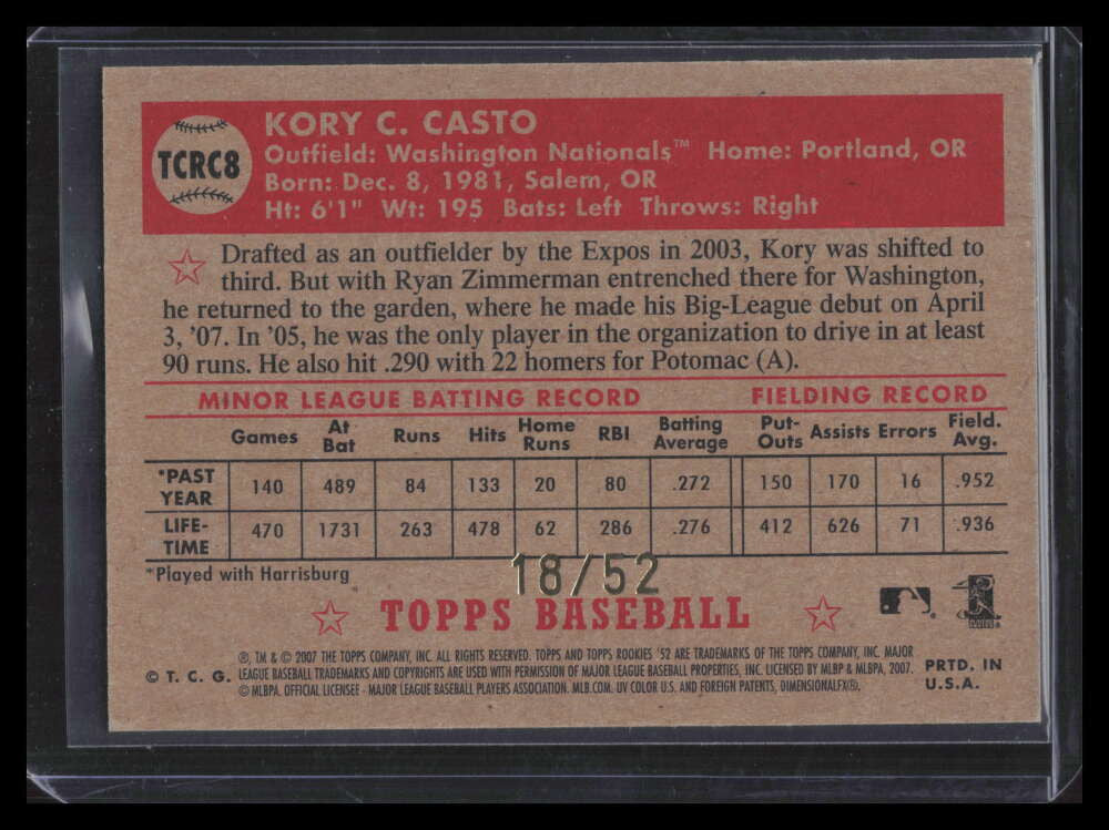 2007 Topps '52 Chrome Gold Refractor 8 Kory Casto Rookie 18/52