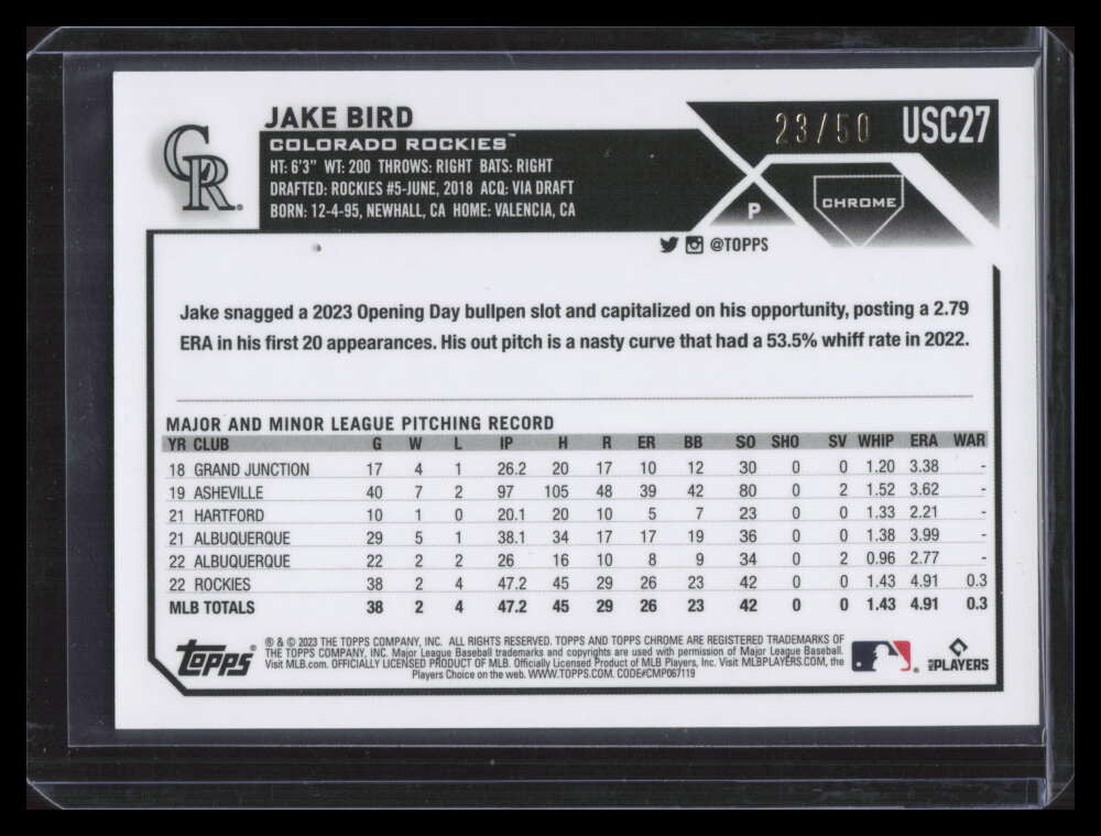 2023 Topps Chrome Update Gold Refractor usc27 Jake Bird Rookie 23/50