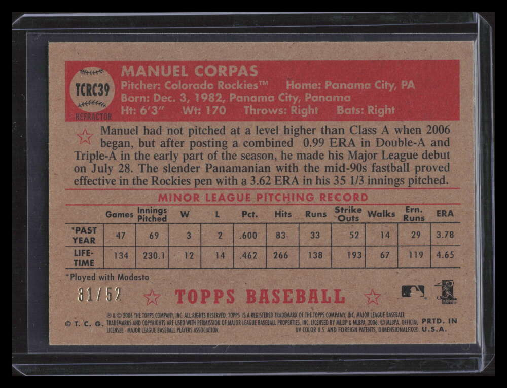2006 Topps '52 Chrome Gold Refractor 39 Manuel Manny Corpas Rookie 31/52