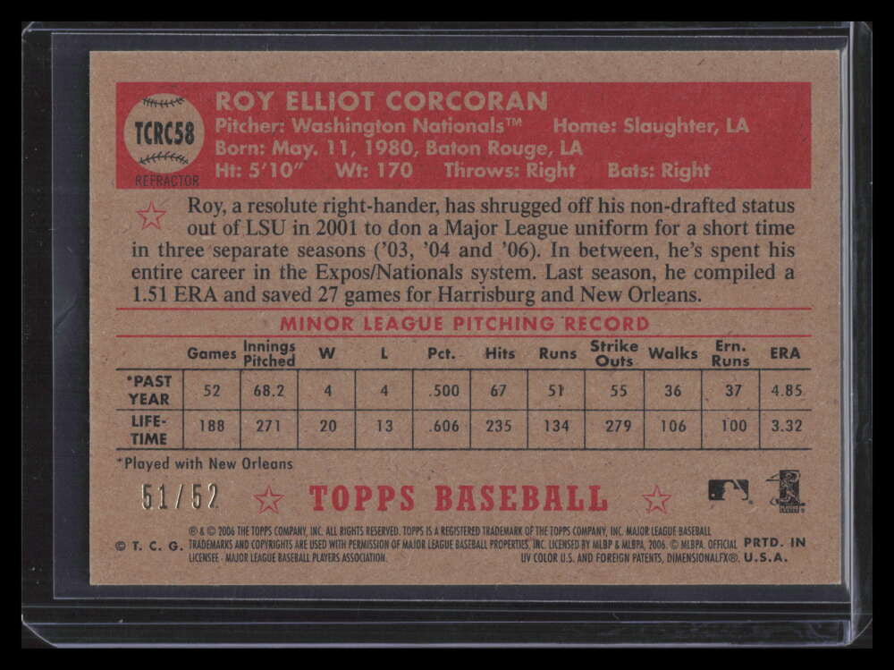2006 Topps '52 Chrome Gold Refractor 58 Roy Corcoran Rookie 51/52