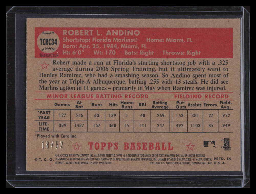 2006 Topps '52 Chrome Gold Refractor 34 Robert Andino Rookie 18/52