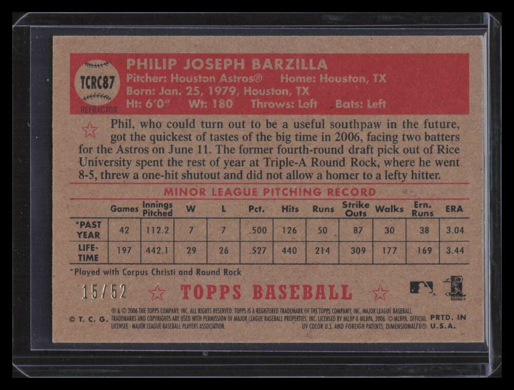2006 Topps '52 Chrome Gold Refractor 87 Phil Barzilla Rookie 15/52