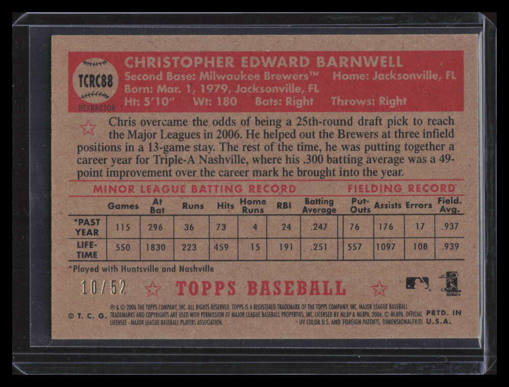 2006 Topps '52 Chrome Gold Refractor 88 Chris Barnwell Rookie 10/52