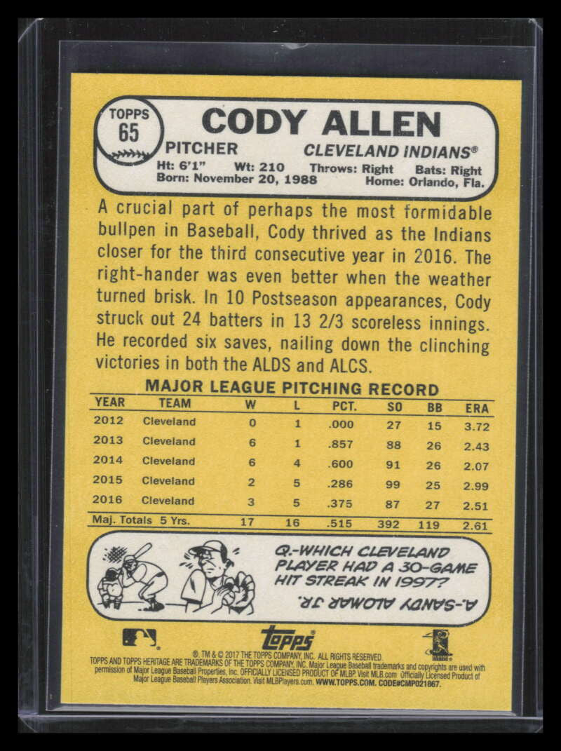 2017 Topps Heritage Bright Yellow Back 65 Cody Allen /25