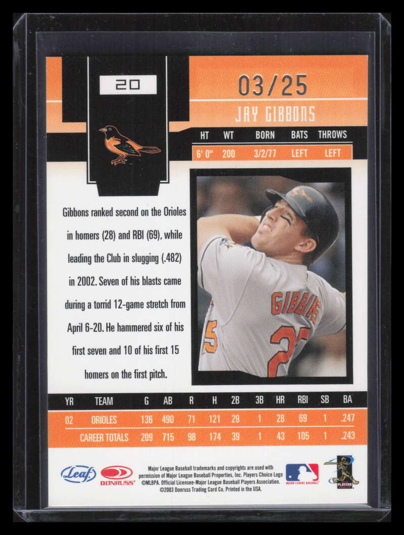 2003 Leaf Certified Materials Mirror Gold 20 Jay Gibbons 3/25