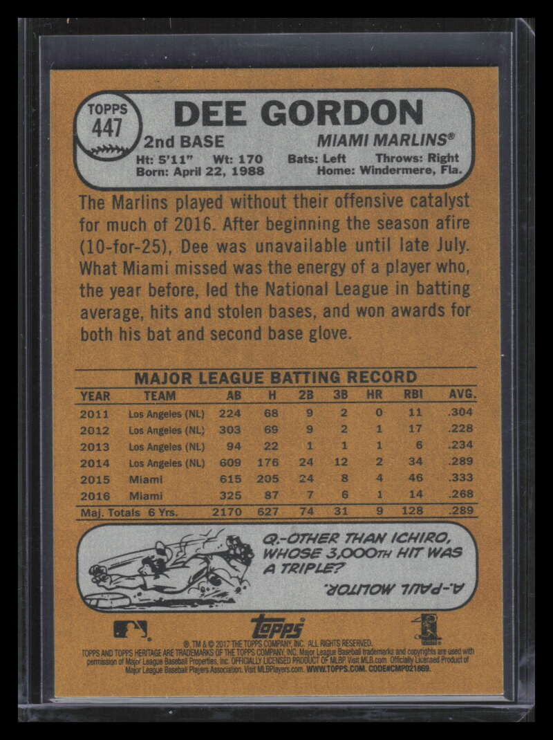 2017 Topps Heritage Gray Back 447 Dee Gordon /10