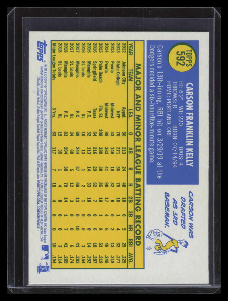 2019 Topps Heritage Reverse Stock 592 Carson Kelly Variation SP