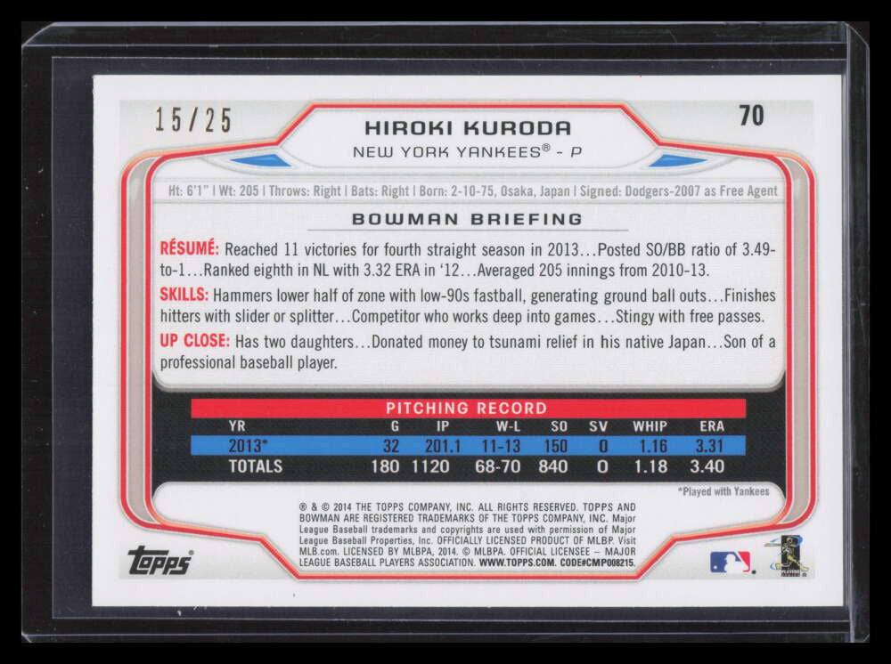 2014 Bowman Black 70 Hiroki Kuroda 15/25