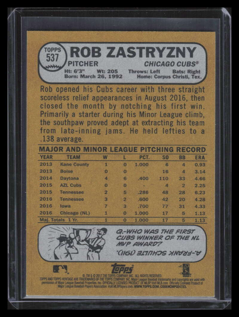 2017 Topps Heritage Gray Back 537 Rob Zastryzny Rookie /10