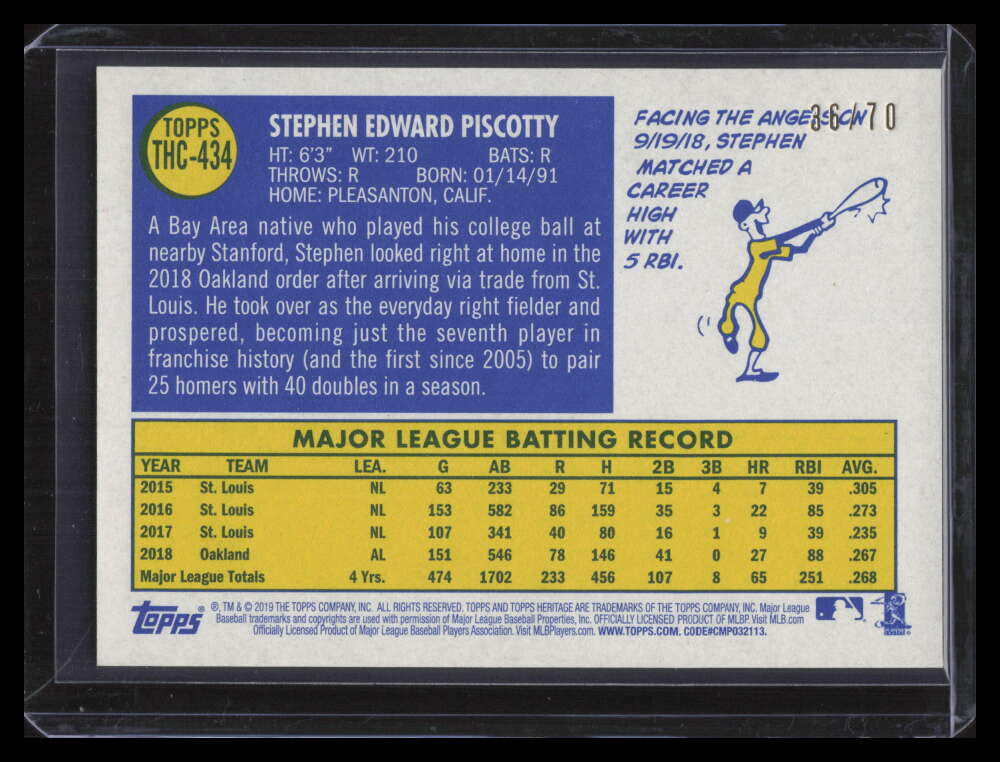 2019 Topps Heritage Chrome Black Refractor thc434 Stephen Piscotty 36/70