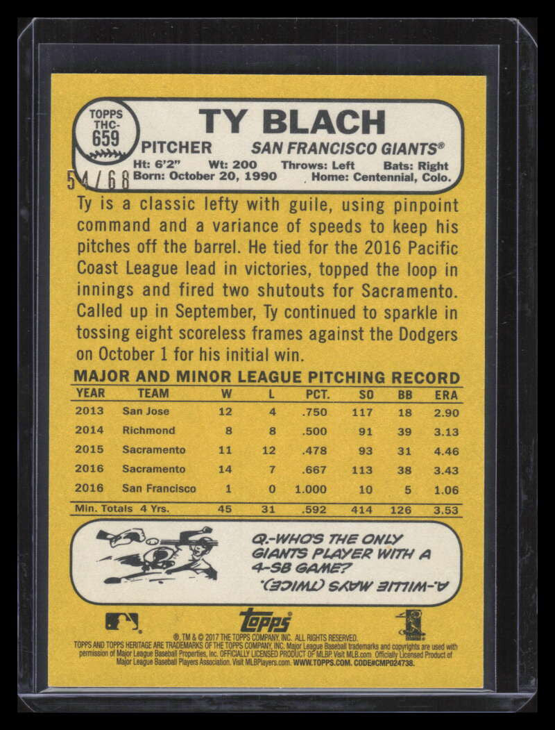 2017 Topps Heritage Chrome Blue Refractor thc659 Ty Blach Rookie 54/68