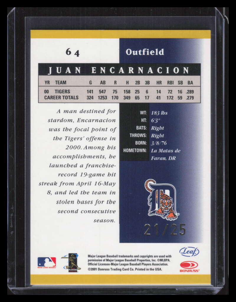 2001 Leaf Certified Materials Mirror Gold 64 Juan Encarnacion 21/25
