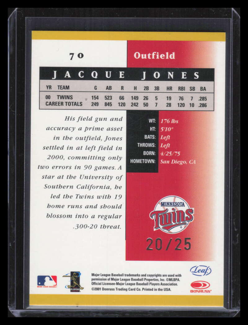 2001 Leaf Certified Materials Mirror Gold 70 Jacque Jones 20/25