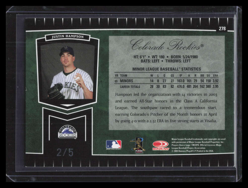 2004 Leaf Certified Cuts Marble Emerald 278 Justin Hampson ROO Rookie 2/5