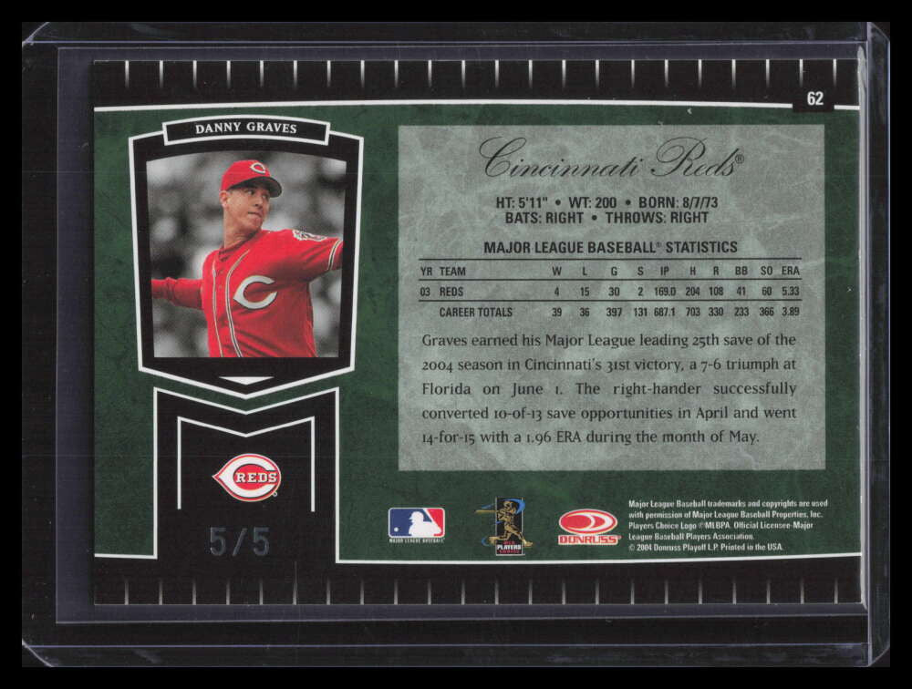 2004 Leaf Certified Cuts Marble Emerald 62 Danny Graves 5/5