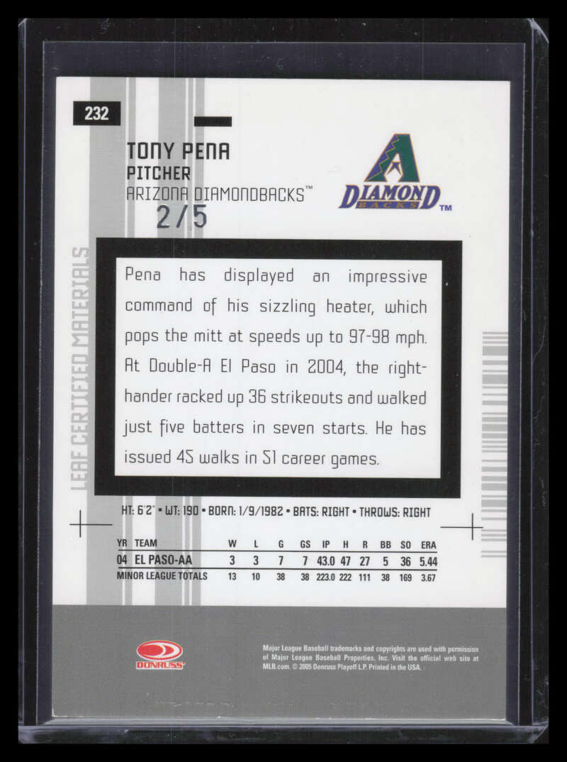 2005 Leaf Certified Materials Mirror Emerald 232 Tony Pena NG Rookie 2/5