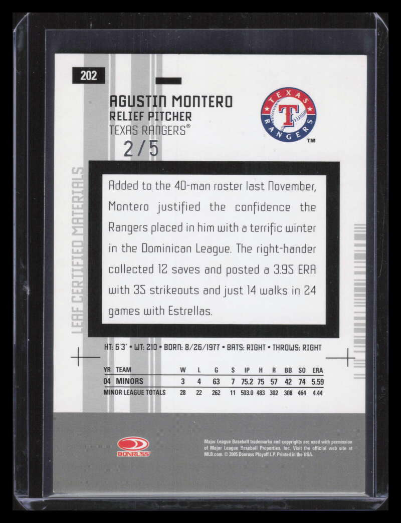 2005 Leaf Certified Materials Mirror Emerald 202 Agustin Montero NG Rookie 2/5
