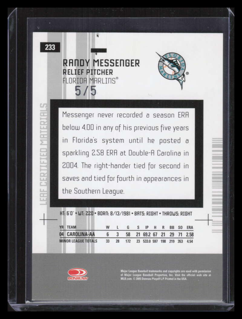 2005 Leaf Certified Materials Mirror Emerald 233 Randy Messenger NG Rookie 5/5