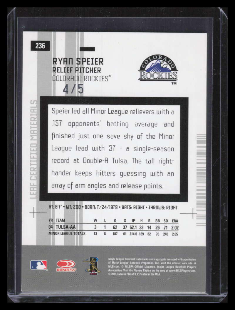 2005 Leaf Certified Materials Mirror Emerald 236 Ryan Speier NG Rookie 4/5