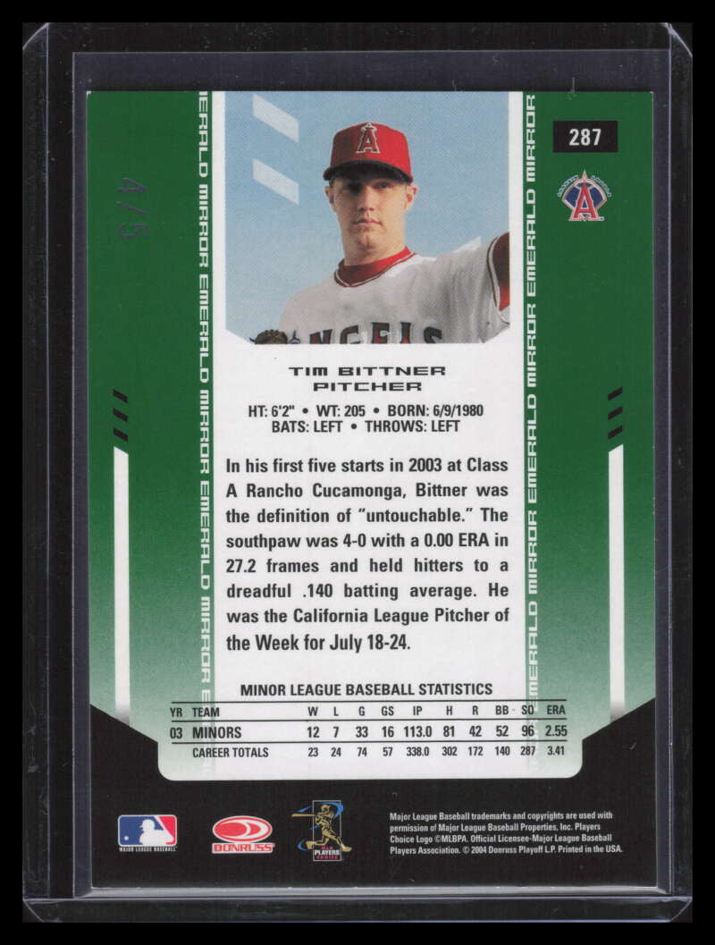 2004 Leaf Certified Materials Mirror Emerald 287 Tim Bittner NG Rookie 4/5